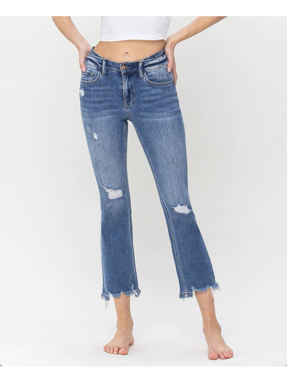 Vervet 2 layer Waistband mid Rise Crop Jeans 27 raw hem blue distressed